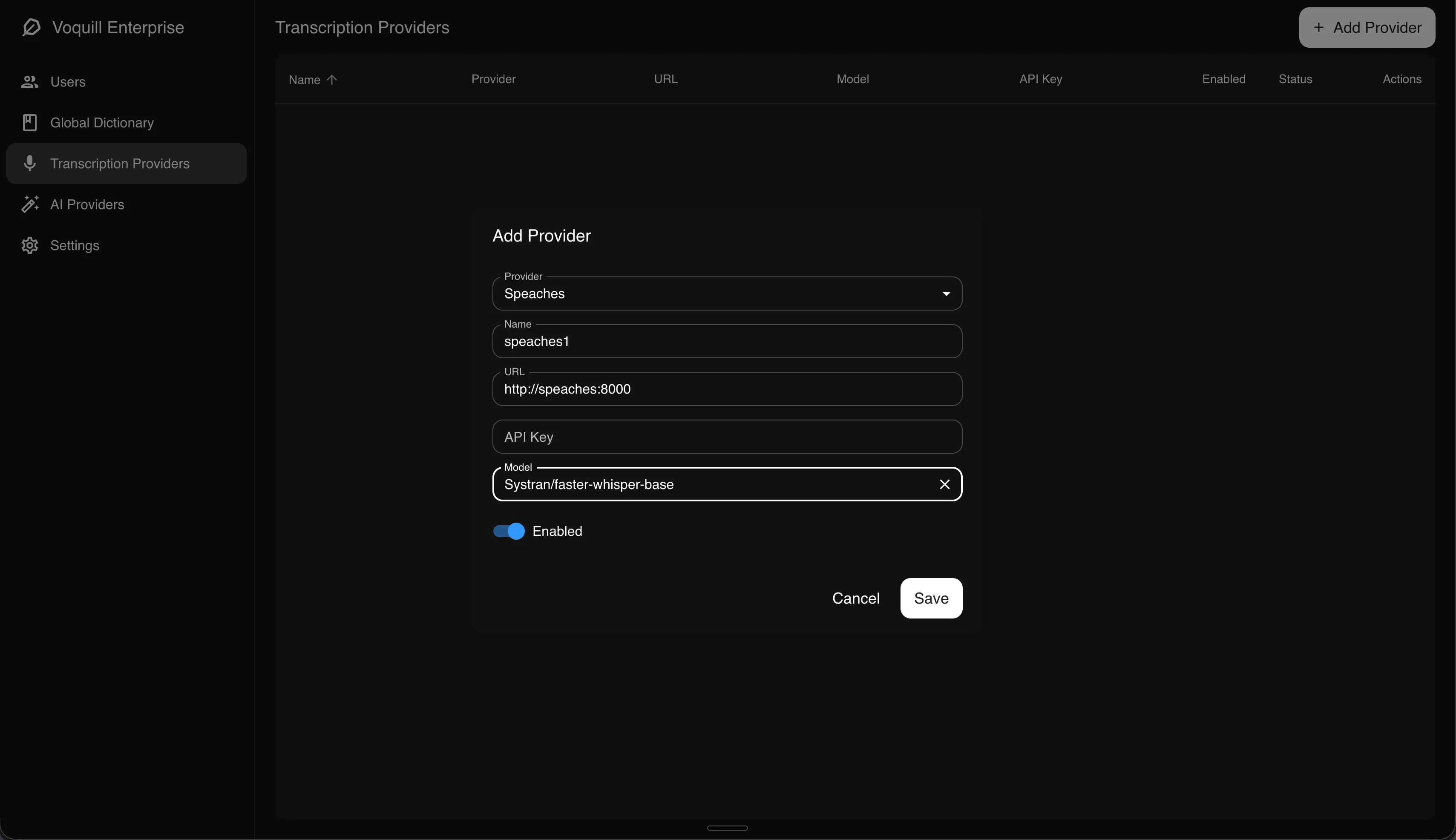 Configuring a local transcription provider in the admin portal
